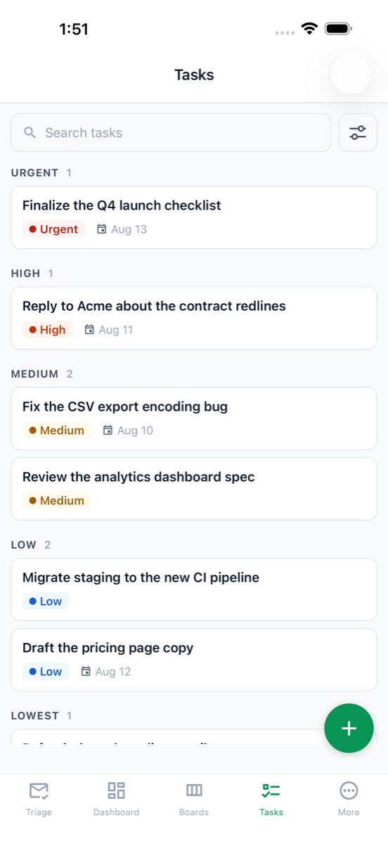 Task list grouped by the 5-level rainbow priority
