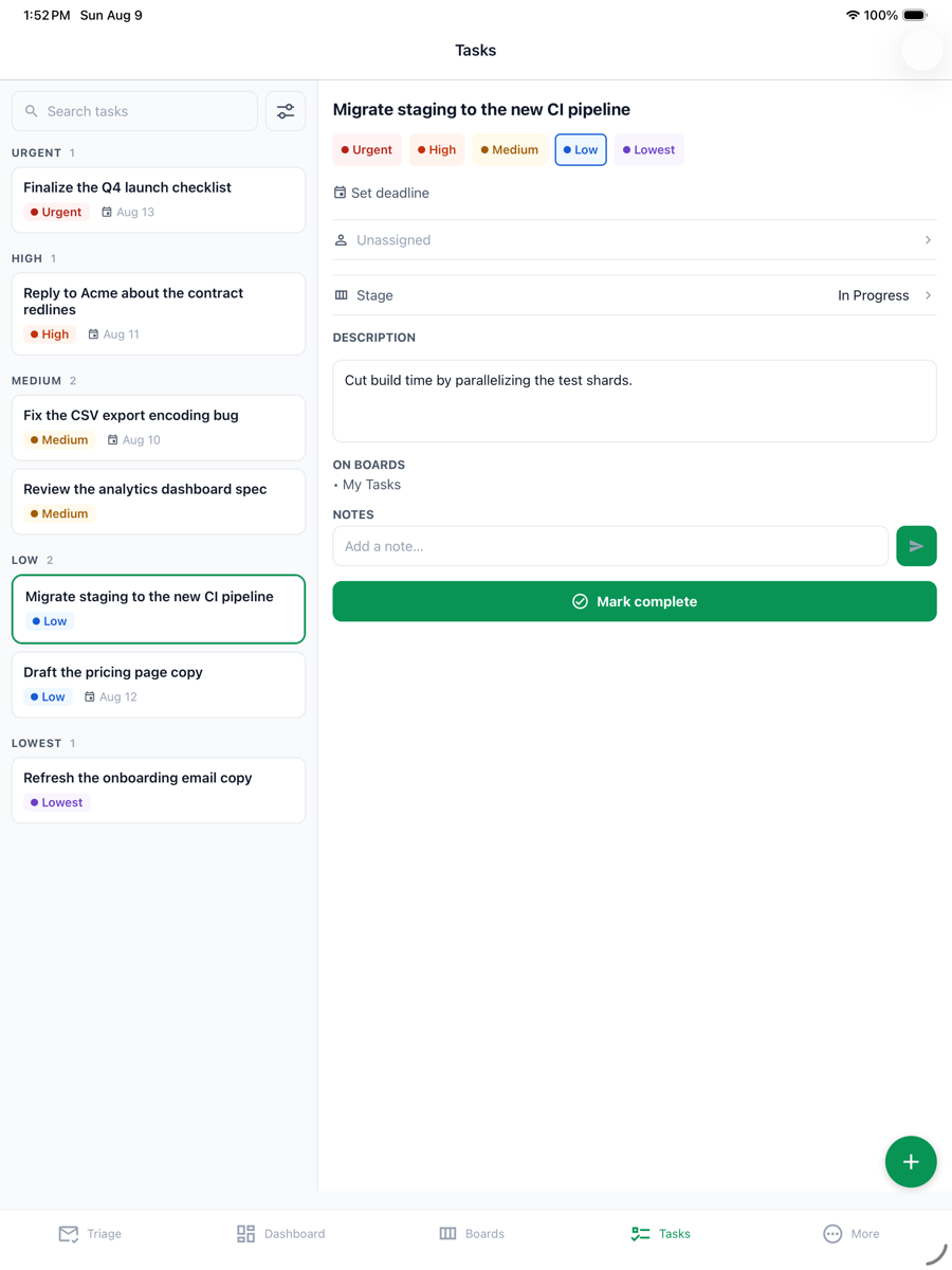 FindTheAsk — asks organized by rainbow priority, with a detail pane